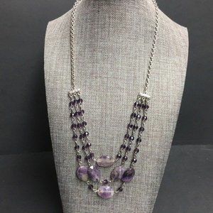 Purple Triple Statement Necklace Faceted Marbled Silver Chain Retro BoHo